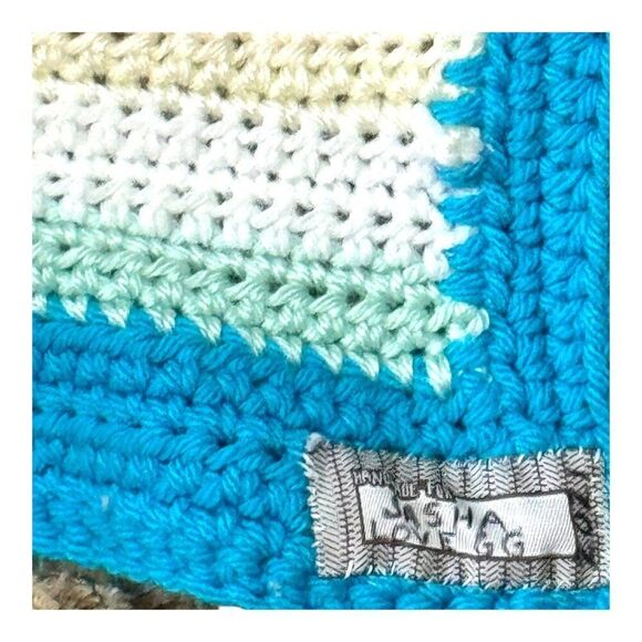 Handmade Crochet Baby Blanket Receiving Shower Gift Pink Blue White Stripes SEE - Picture 4 of 4